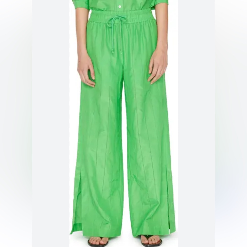 Frame Silk Cotton Blend Drawstring Lounge Pants Wide Leg Bright Peridot Size Xs